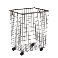 a wire basket with wheels on the side