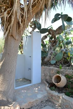 an outdoor shower is built into the side of a tree