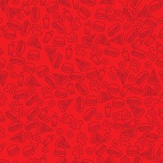 a red background with different types of food and drinks on it, all in the same pattern