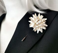 Ivory Leather Dahlia Men's Lapel Pin - Color -  Ivory .  Made of genuine leather. Main flower diameter is 5 cm / 2'' (without leaves). This item is made to order. Standard International Delivery from Latvia (Europe) via Latvijas Pasts to the U.S. usually takes about  10 - 20 business days. Thanks for looking! Classic White Brooches For Formal Occasion, Classic White Brooch For Formal Occasions, Elegant Cream Brooches For Formal Occasions, Elegant White Lapel Pin For Wedding, Elegant Formal Brooches With Handmade Flowers, White Flower Lapel Pin For Formal Occasions, Elegant White Flower Lapel Pin, White Flower Decorated Brooches For Formal Occasions, White Handmade Flowers Lapel Pin For Wedding