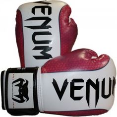 two red and white boxing gloves with the word venum written on each one side