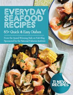 the cover of every day seafood recipes, featuring shrimp and mussels on a plate