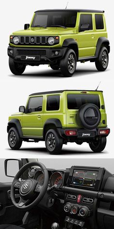 three different views of the interior and dashboard of a green jeep with black trims