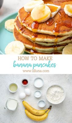 how to make banana pancakes on a blue plate with bananas and other ingredients around it