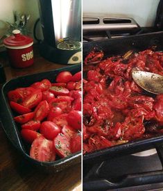 two pictures side by side one has tomatoes and the other has a spoon in it