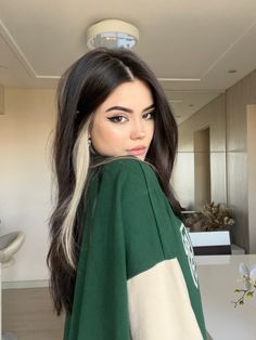 Brown Hair With A Streak Of Color, Black Hair Color Inspiration, Dark Brown And Colorful Hair, How To Look European, Chunk Of Blonde Hair, Dark Hair Pop Of Color Ideas, Black Hair With Blonde Pieces Underneath, Black Hair On Fair Skin