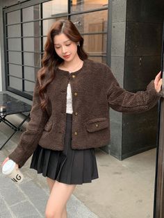 Women's Solid Color Short Thick Regular Winter Jacket Brown Casual  Long Sleeve Fabric Plain Teddy Non-Stretch Fall/Winter Women Clothing, size features are:Bust: ,Length: ,Sleeve Length: Cold Weather Long Sleeve Blazer With Pockets, Winter Long Sleeve Blazer For Cold Weather, Long Sleeve Fleece Jacket For Winter Workwear, Winter Workwear Fleece Jacket With Long Sleeves, Winter Fleece Jacket For Work With Long Sleeves, Short And Thick, Retro Women, Color Shorts, Inspiration Mode