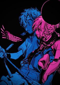 an image of two anime characters in the dark with pink and blue lighting behind them