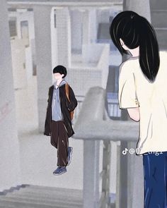 a drawing of a person standing in front of a building and looking at the ground