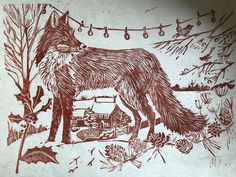 a drawing of a fox standing in the snow next to a house and pine trees