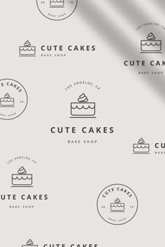 logos for cakes and cupcakes are shown in black and white on a gray background