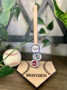 a baseball bat sitting on top of a wooden base next to a ball and plant