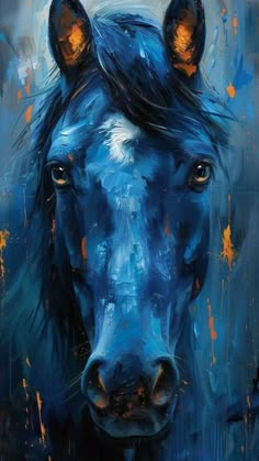 a painting of a blue horse's face