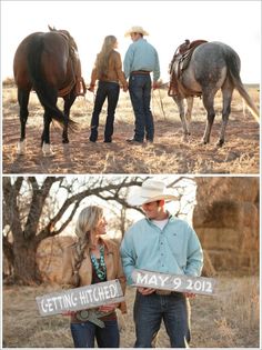 two people standing next to each other in front of horses and holding signs that say getting hitched may 9, 2012