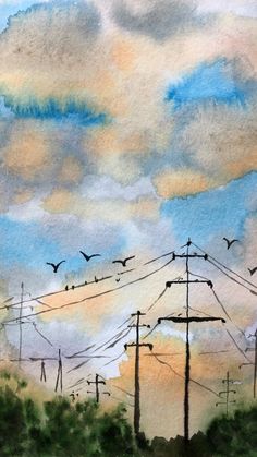 watercolor painting of power lines and birds flying in the sky with clouds behind them