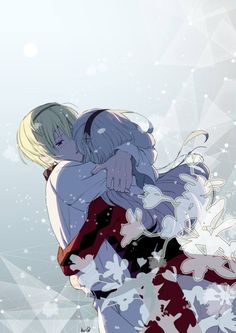 an anime character with long hair and blue eyes hugging another character in front of snowflakes