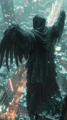 an angel standing on top of a tall building in the city with his wings outstretched