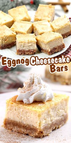 eggnog cheesecake bars with whipped cream on top