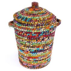 multicolored basket with lid on white background