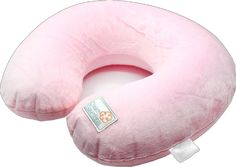 the neck pillow is pink and has a tag on it's front end that says,