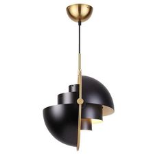 a black and gold pendant light hanging from a ceiling fixture with two circular lights on each side