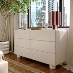 a living room with white furniture and a potted tree in front of the window