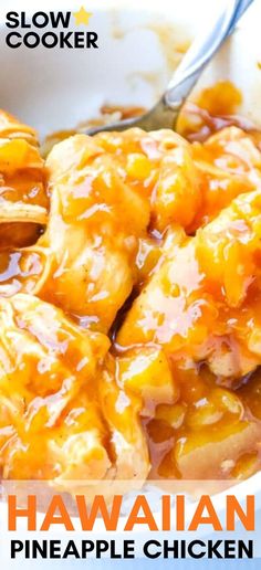 the hawaiian pineapple chicken is ready to be eaten in the slow cooker or on the stove