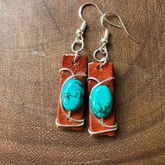 Leather and Turquoise Earrings by CoCo&Jane Creations Turquoise Leather Jewelry, Handmade Leather Earrings In Turquoise, Leather Earrings Ideas, Western Leather Earrings, Handmade Turquoise Leather Earrings, Handmade Leather Turquoise Earrings, Boho Western Leather Earrings, Bohemian Turquoise Leather Earrings, Chandbalis Earrings