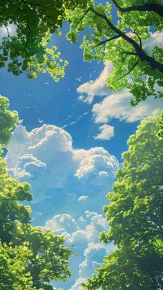 the sky is filled with clouds and green trees