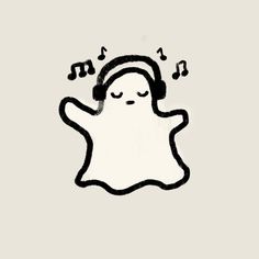 a drawing of a ghost with headphones and music notes coming out of its ears