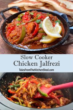 slow cooker chicken jalfrezi in a skillet with lemon wedges