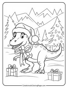 Coloring page featuring a cheerful dinosaur wearing a Santa hat, standing in a winter landscape with mountains and Christmas trees, surrounded by wrapped gifts. Ideal for kids' holiday-themed activities. Kids Christmas Crafts Ornaments, Dino Christmas, Free Christmas Coloring Pages, Dinosaur Drawing, Dinosaur Pictures