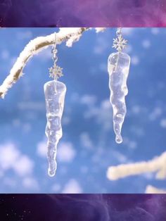 two snowman shaped plastic bottles hanging from a tree branch in the snow with purple and blue background