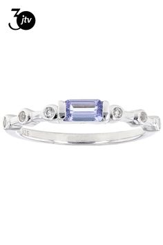 .20ct Rectangular Octagonal Tanzanite with .10ctw Lab Created White Sapphire Rhodium Over Sterling Silver Ring. Measures approximately 0.86"L x 0.13"W. Not sizeable. Blue Tanzanite, White Sapphire, Sterling Silver Ring, Sterling Silver Rings, Silver Ring, Sapphire, Silver Rings, Sterling Silver, Ring