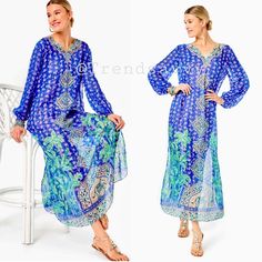 Nwt Lilly Pulitzer Jupiter Silk Maxi Caftan Size S/M Brand New With Tags - 100% Authentic Made From Gauzy Masterpiece Print Silk With Shimmering Metallic Details, The Jupiter Caftan Is The Season's Most Opulent Look. Go From Poolside To Party With Its Easy Fit Silhouette, Notch Neckline, Long Blouson Sleeves, And Breezy Side Slits. Layer Over Your Favorite Swimwear For Daytime Glam, Or Wear With Its Jersey Slip And A Pair Of Sparkling Sandals For Evening Elegance. Easy Fit Ankle Length Caftan Wi Blue Long Sleeve Maxi Dress For Beach, Blue Tunic Dress For Beach Cover-up, Blue Long Sleeve Beach Cover-up Dress, Long Blue Dress For Beach Cover-up, Bohemian Royal Blue Maxi Dress, Bohemian Long Sleeve Royal Blue Dress, Bohemian Royal Blue Long Sleeve Dress, Royal Blue Long Sleeve Bohemian Dress, Blue Floral Print Long Sleeve Kaftan