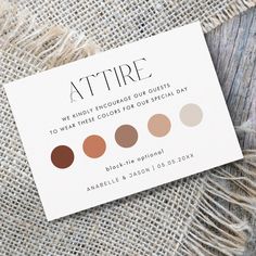 a business card with the words attrire on it and five different colors for each