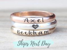 Simple name stacking rings. Made with .925 sterling silver, 14K gold filled, or 14K rose gold filled. Listing is for one ring Symbols available for engraving: 🖤   o   *   ∞   🐾   ↢   ↣   ♫ The band is 2.59mm wide. Please message me if you would like a different font. These rings are made of high quality materials. The colors will not chip off or fade and can be worn in water. This ring is made to order in your size. If you don't see your size available please feel free to message me. All order Rose Gold Stackable Rings As Gift, Custom Name Dainty Rose Gold Rings, Meaningful Stackable Wedding Jewelry, Custom Name Rose Gold Ring Jewelry, Handmade Sterling Silver Stackable Rings In Rose Gold, Handmade Rose Gold Sterling Silver Stackable Rings, Custom Name Rose Gold Ring, Rose Gold Hand Stamped Jewelry For Anniversary, Hand Stamped Rose Gold Jewelry For Anniversary