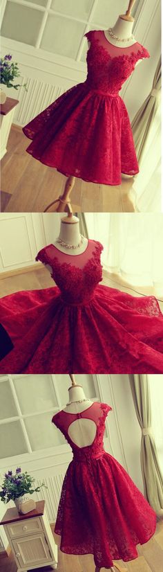 Vestidos De Fiesta Cortos,Red Lace Prom Dress,Short prom dress,Homecoming dress Modest Homecoming Dresses, Prom Dress Short Lace, Unique Homecoming Dresses, Pretty Party Dresses, Red Lace Prom Dress, Afrikaanse Mode, Red Homecoming Dresses, Prom Dresses Modest, Lace Homecoming Dresses