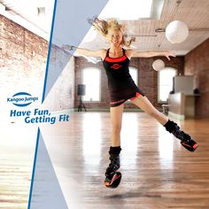 a woman in black dress and knee high boots doing a dance move with the words have fun getting fit