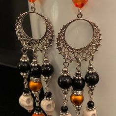 Silver Earrings For Halloween Festival, Halloween Festival Jewelry With Round Beads, Bohemian Halloween Jewelry With Round Beads, Silver Jewelry With Round Beads For Halloween, Handmade Bohemian Earrings For Halloween, Handmade Dangle Jewelry For Halloween, Halloween Silver Jewelry With Round Beads, Halloween Fantasy Dangle Jewelry, Bohemian Metal Earrings For Halloween