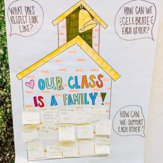 a bulletin board with notes attached to it that says, our class is a family how can we support each other?