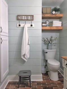 a white toilet sitting next to a wooden shelf