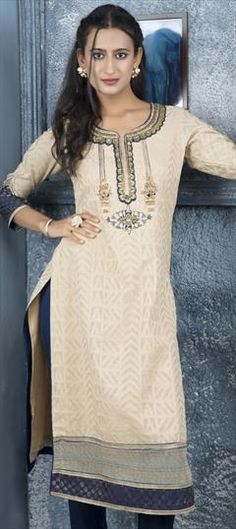 Beige and Brown color Kurti in Handloom fabric with Embroidered, Swarovski, Thread work Luxury Beige Cotton Silk Salwar Kameez, Color Kurti, Reception Lehenga, Engagement Reception, Handloom Fabric, Waist Chain, Thread Work, Brown Fashion, Salwar Kameez