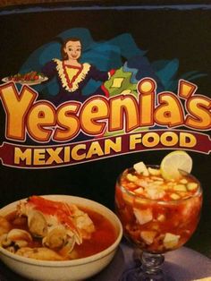 the mexican food menu is displayed in front of two bowls of soup and a drink