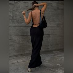 Solid Black Backless Long Dress. Size Medium. 100% Polyester, Satin, Sleeveless With Crewneck Great For Vacation. Backless Long Dress, Tank Outfit, Grad Dresses, Versatile Dresses, Daily Look, Cancun, Black Maxi Dress, Dress Details, Fitted Dress