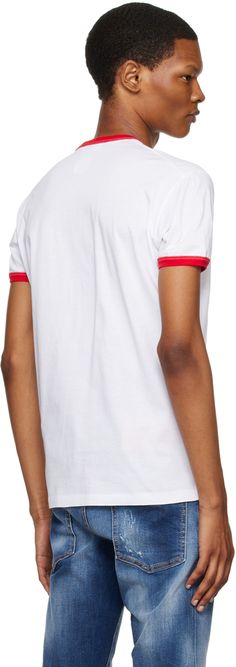 Cotton jersey T-shirt. · Rib knit crewneck and cuffs · Graphic and logo printed at front Supplier color: White/Red Knit Crewneck, Jersey T Shirt, Rib Knit, Color White, Women Wear, Crew Neck, ? Logo, Knitting, Red