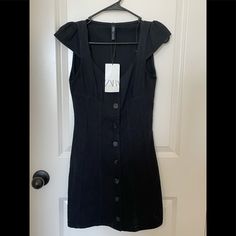 Nwt Button Up Front. Solid Black Black Knee-length Buttoned Dress, Short Sleeve Button Dress For Night Out, Black Buttoned Knee-length Mini Dress, Fitted Mini Dress With Buttons For Casual Wear, Black Knee-length Mini Dress With Buttons, Black Knee-length Dress With Button Closure, Black A-line Dress With Button Closure, Black Button-up Mini Dress With Buttons, Black Button-up Mini Dress