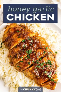 honey garlic chicken with white rice on the side and text overlay that reads honey garlic chicken