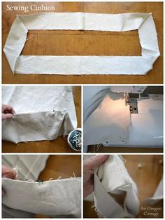 instructions for how to sew a pillow on the sewing machine and then fold it into a rectangle