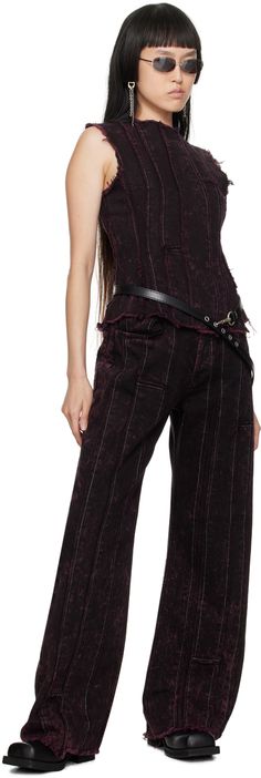 Wide-leg garment-dyed non-stretch denim jeans. Bleached effect and frayed edges throughout. · Paneled construction · Belt loops · Five-pocket styling · Button-fly · Contrast stitching in white Supplier color: Black/Wine red Loose Fit Jeans, Contrast Stitch, Wine Red, Luxury Streetwear, Fit Jeans, Jeans Fit, Stretch Denim, Designer Fashion, Denim Jeans